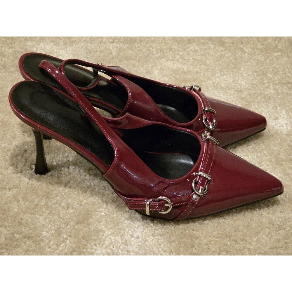 Burgundy faux-patent slingback kitten heels, pointed toe & crossstrap-Size 41/8